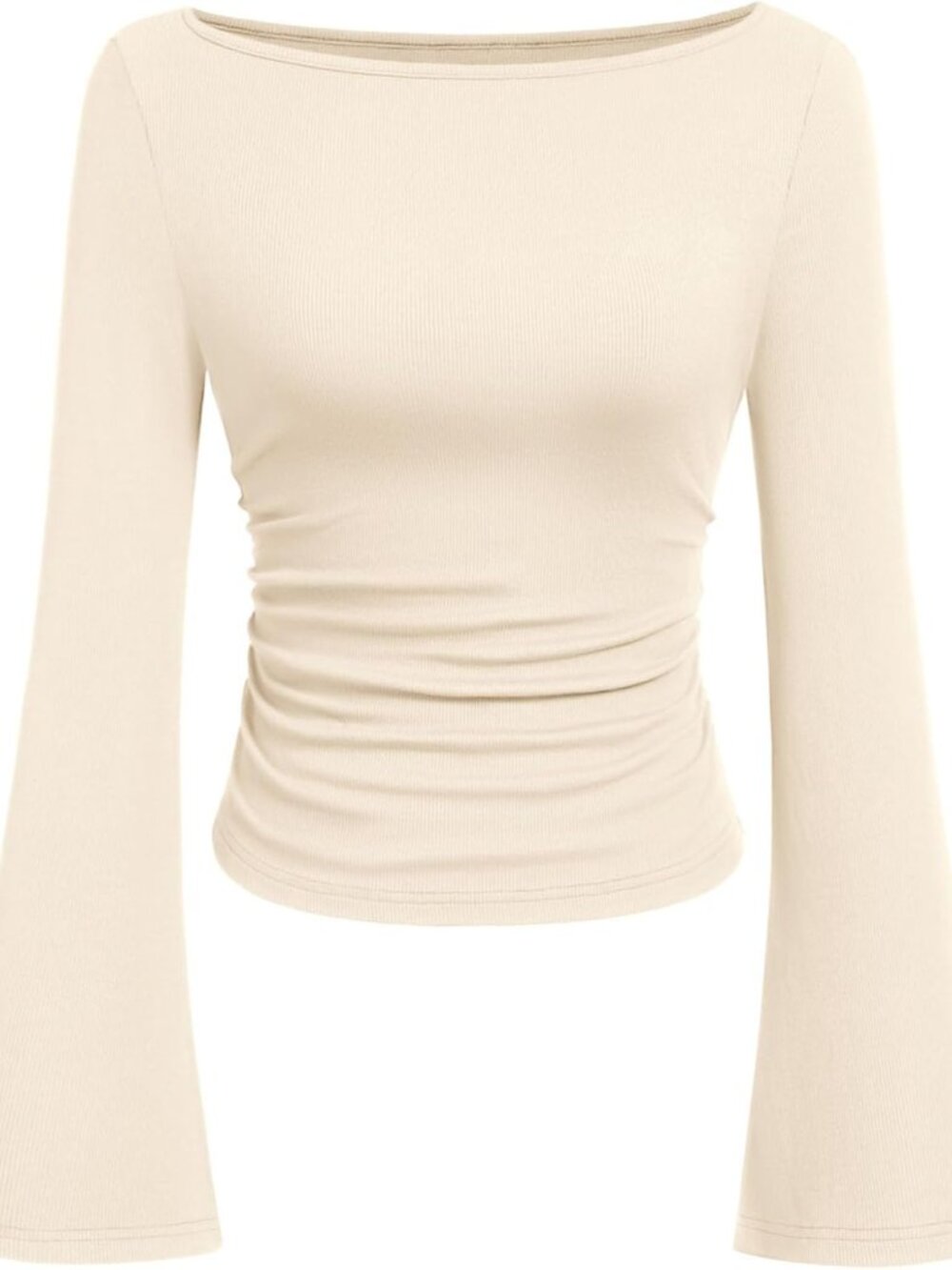 Fashion-Forward Long Sleeve Ribbed Crop Top for Women - Chic Bell Sleeve Design